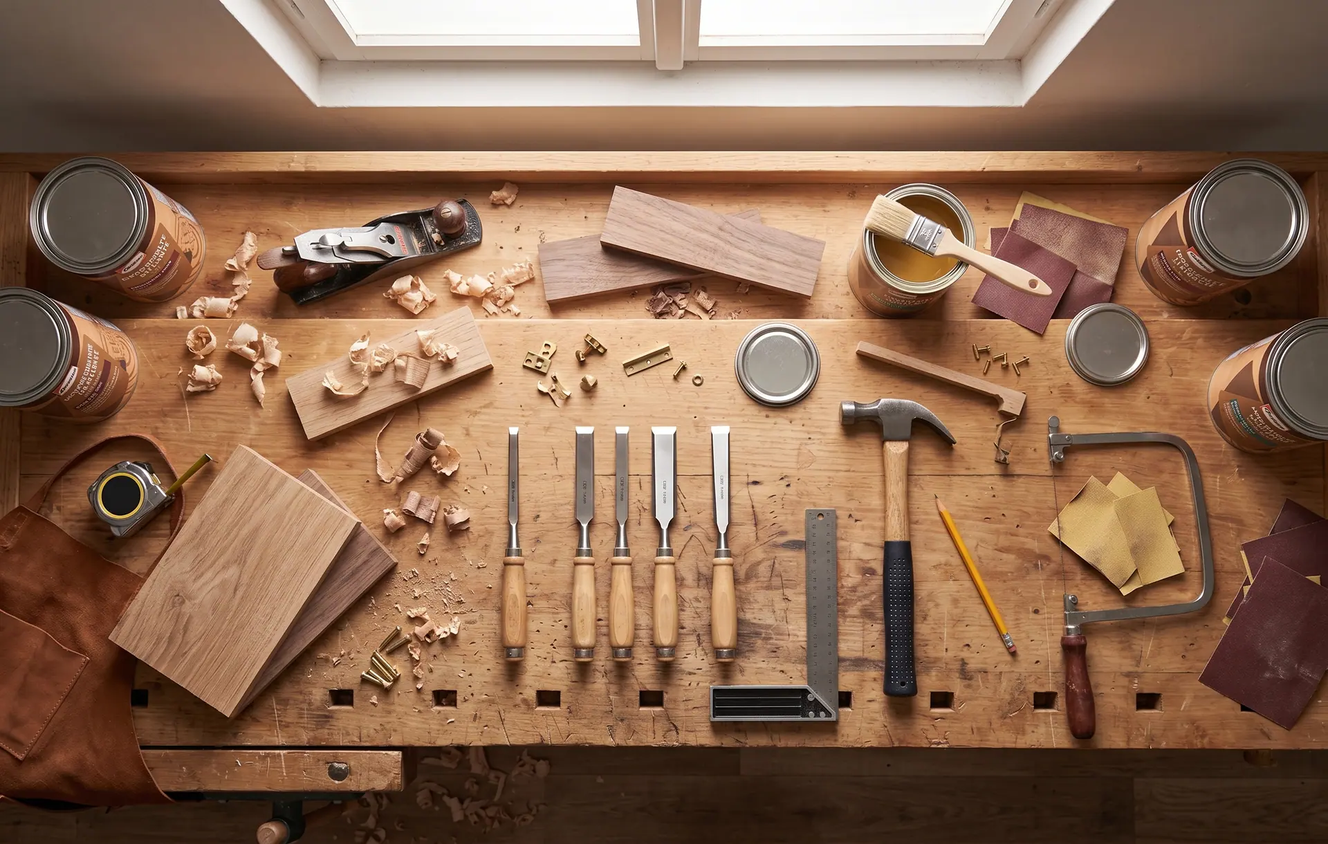 Banco da lavoro visto dall'alto con attrezzi, sgorbie, martello, seghetto, carte abrasive, tavolette di legno e latte di prodotto
