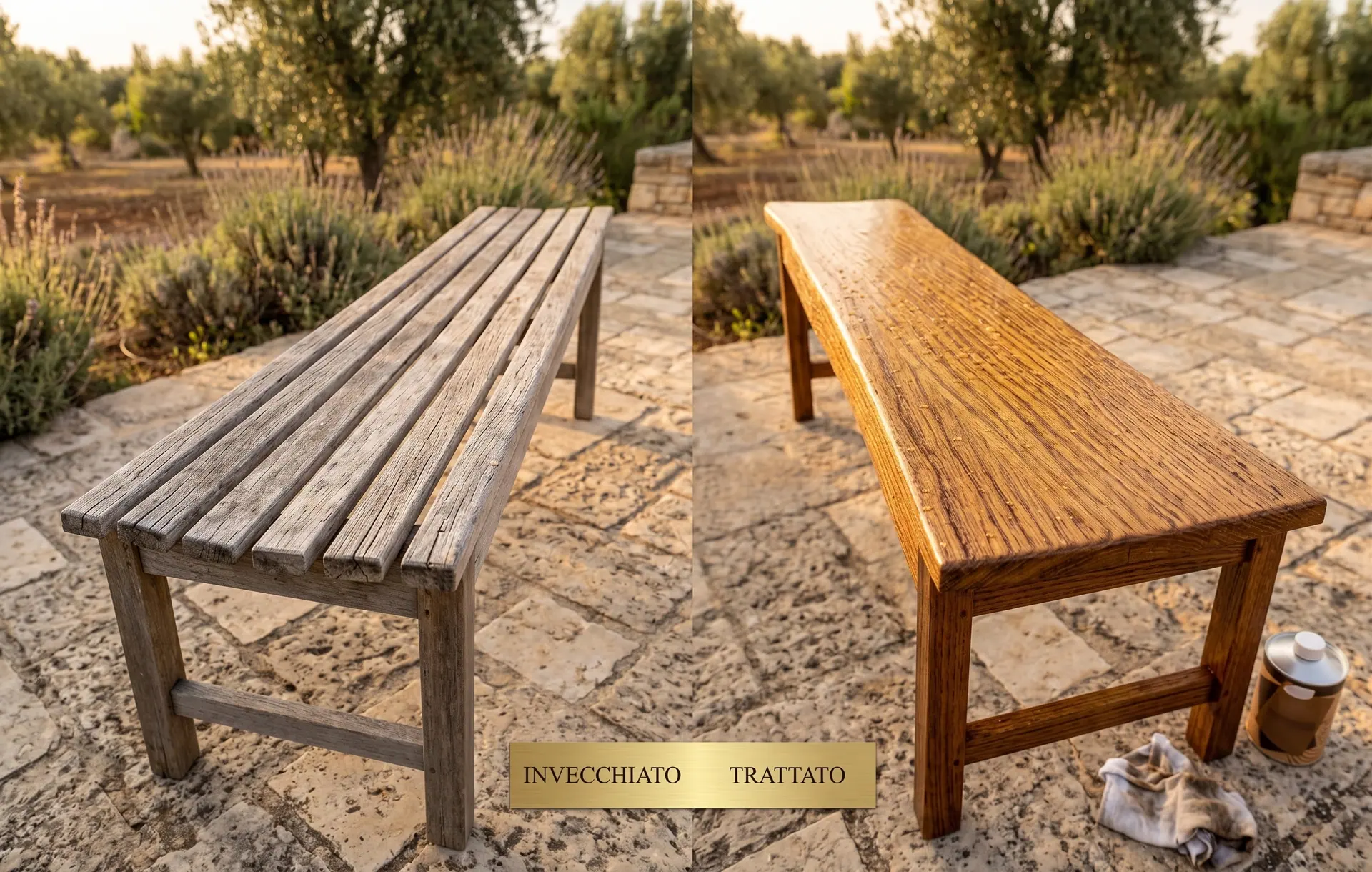 Diptych with the captions printed inside the image — INVECCHIATO and TRATTATO — showing the same garden bench side by side before and after treatment