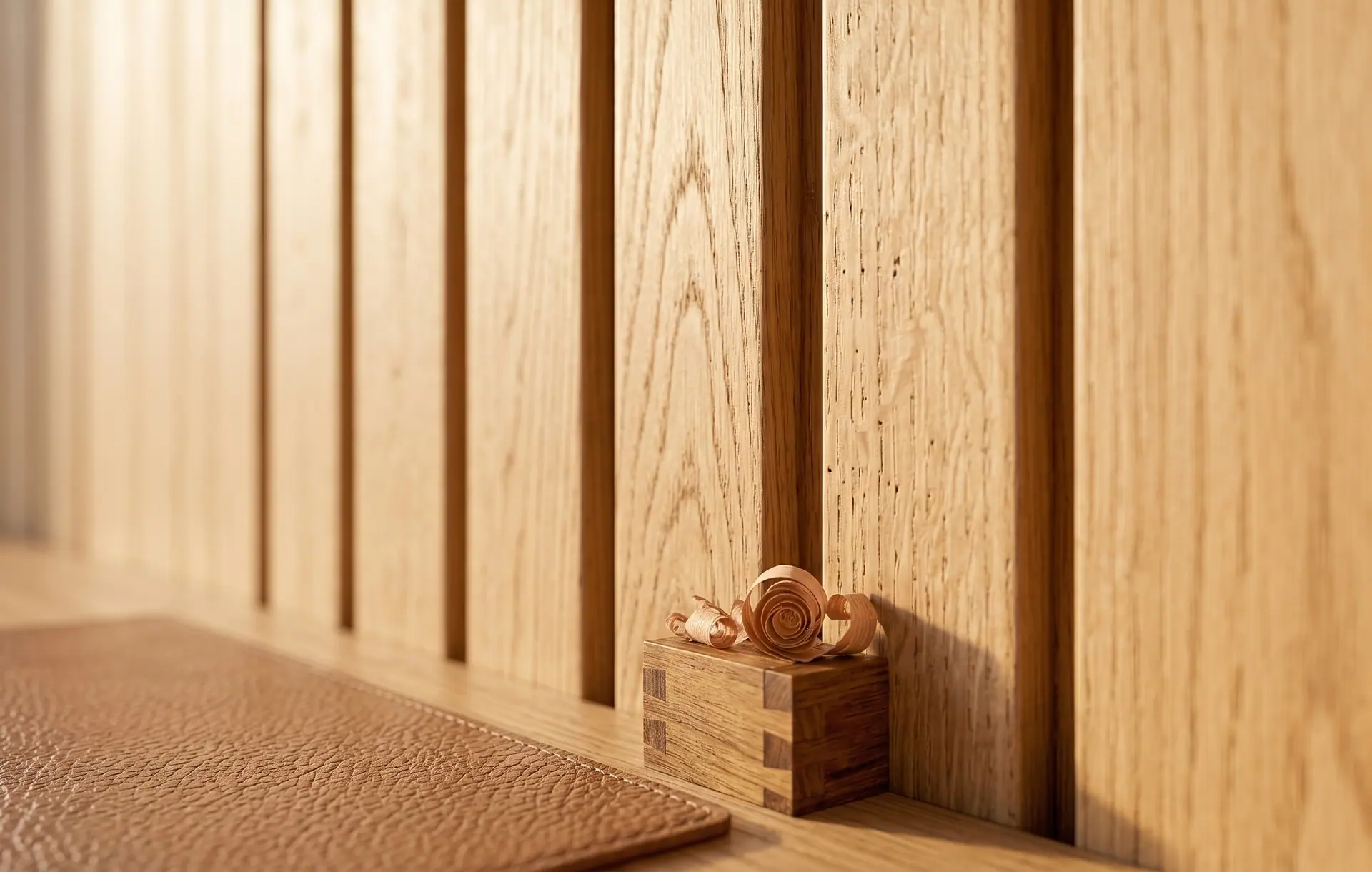 Close-up of the vertical cladding slats, with raking light highlighting the relief
