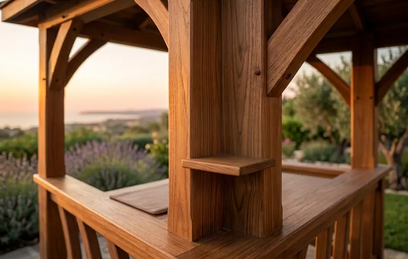Dettaglio della carpenteria di un gazebo in legno da giardino, con il bancone e la vista sulla campagna al tramonto