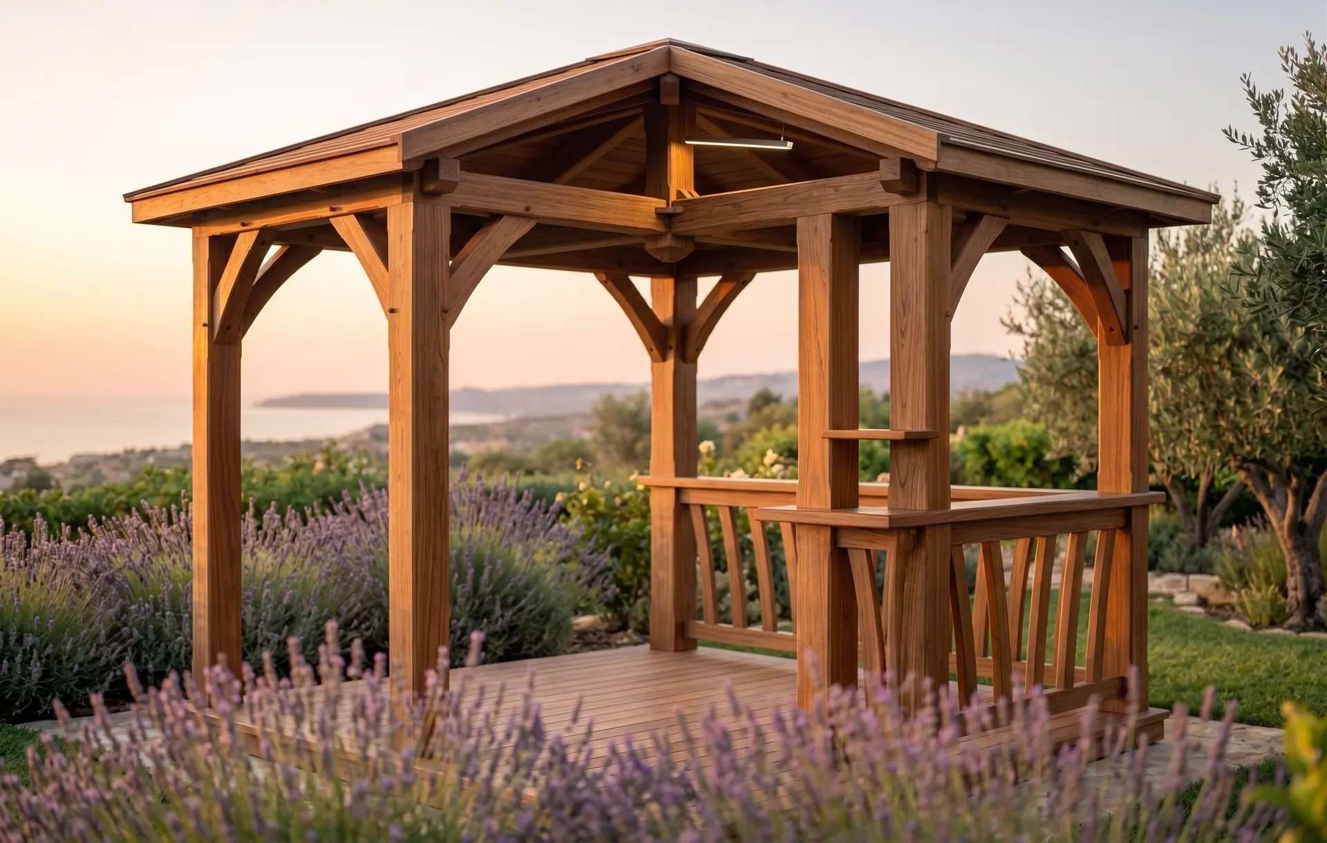Il gazebo in legno visto per intero, in un giardino di lavanda, al tramonto