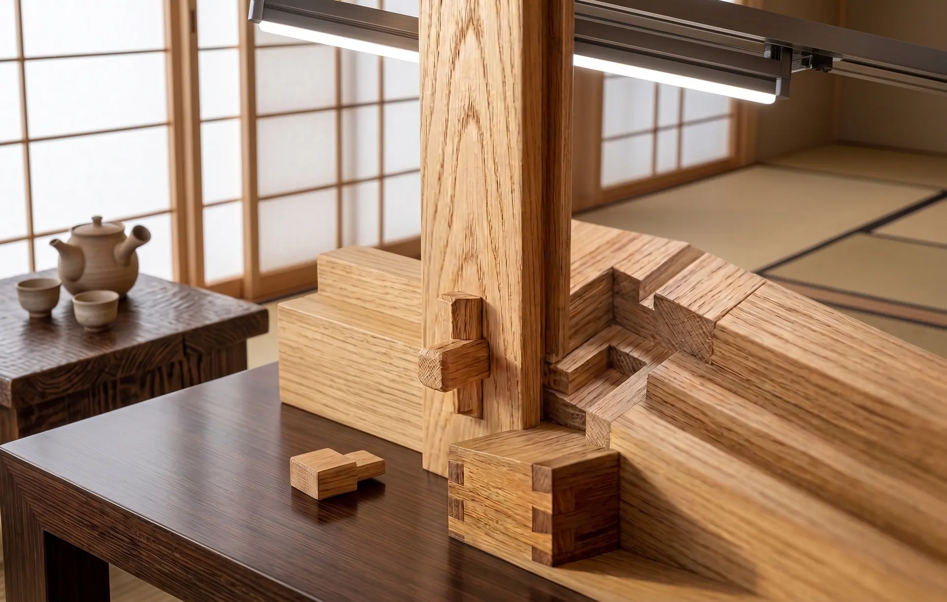 Modern interior with exposed wooden posts and joints, a dark table and translucent panels