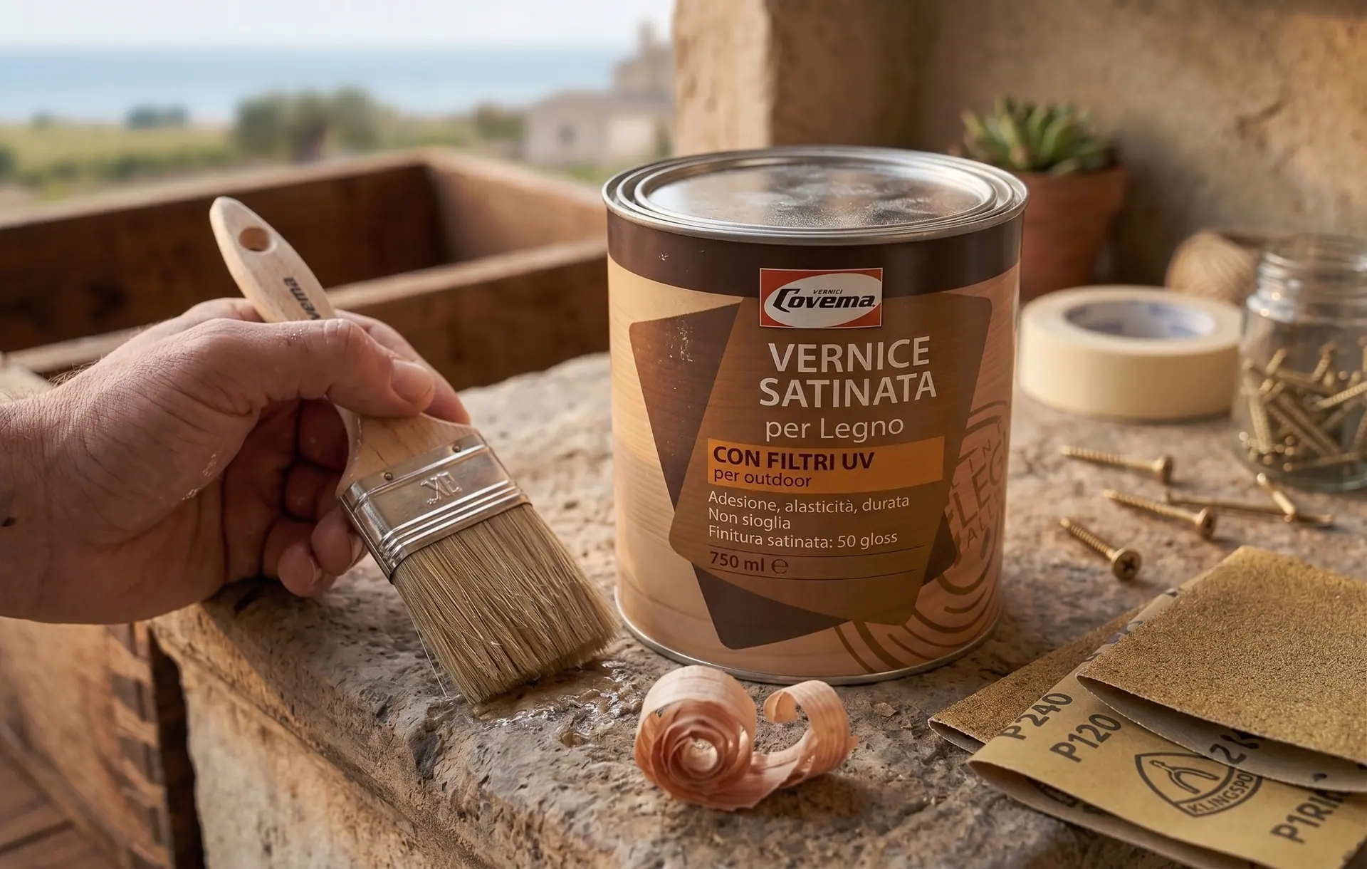 Una mano regge il pennello accanto alla latta della Vernice Satinata per Legno con filtri UV, con le carte abrasive P120 e P180 appoggiate sul piano