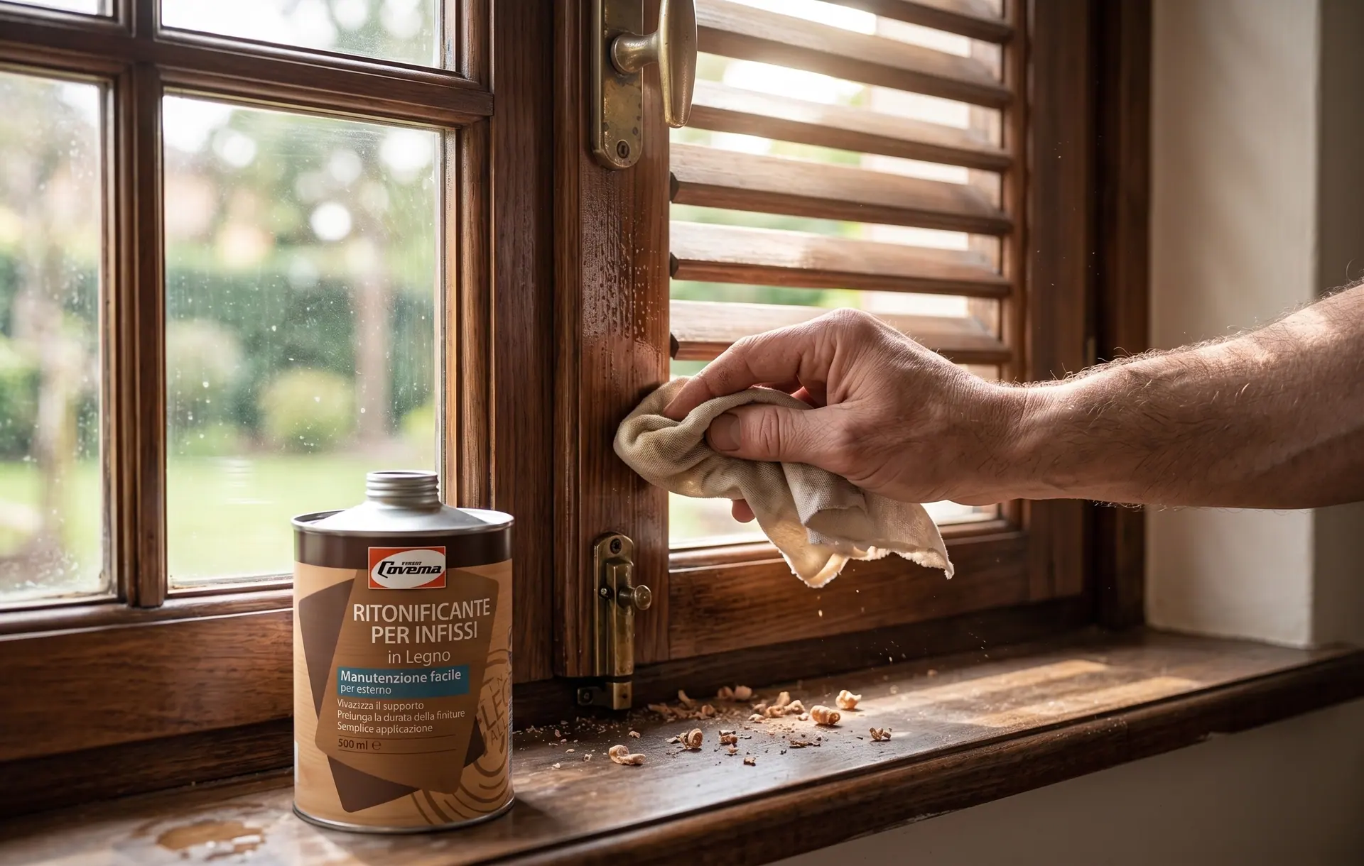 Una mano passa il panno sul telaio di una finestra in legno, con la latta del Ritonificante per Infissi in Legno appoggiata sul davanzale