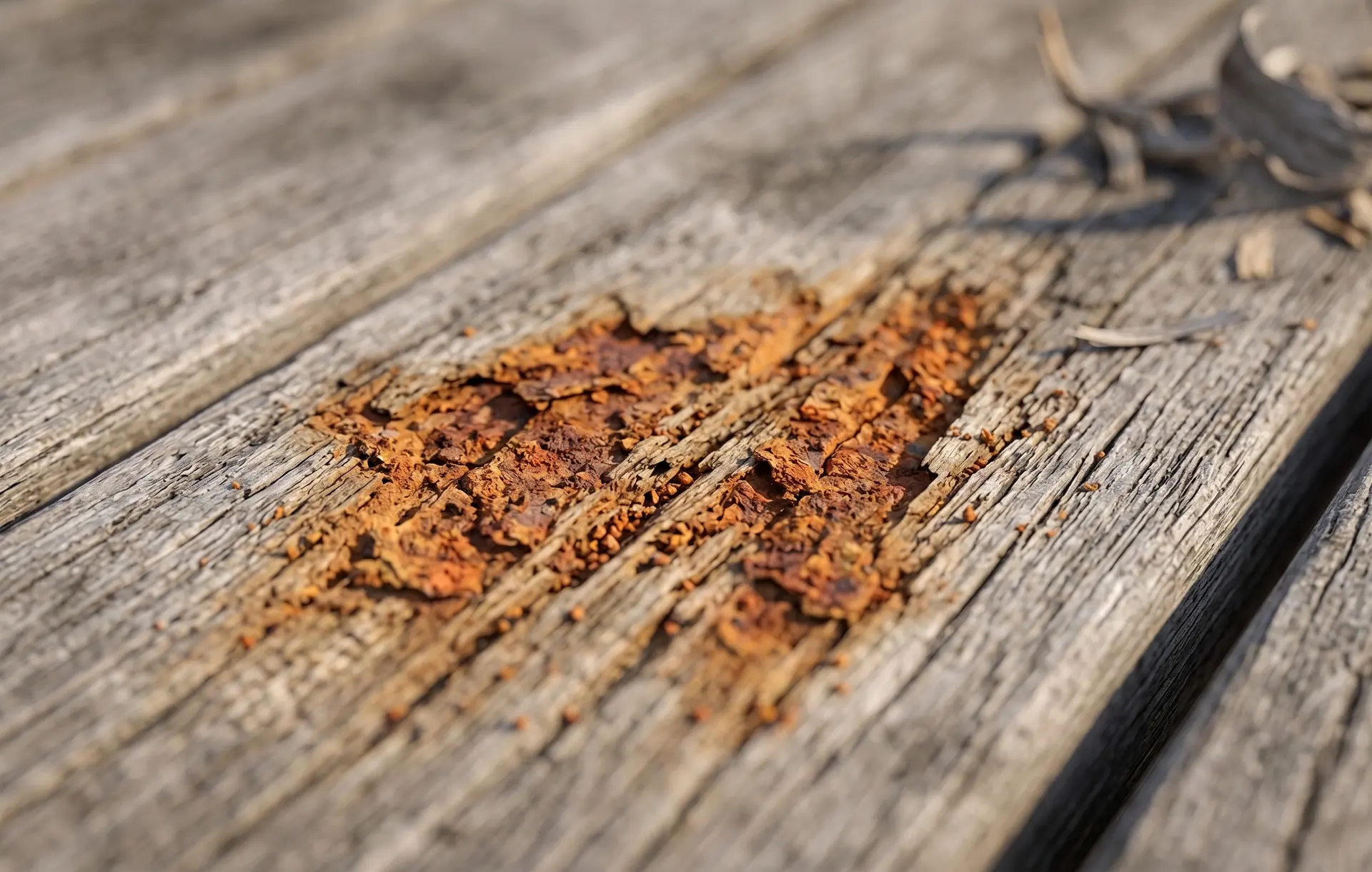 Primo piano di tavole da esterno ingrigite, con una zona centrale macchiata e degradata