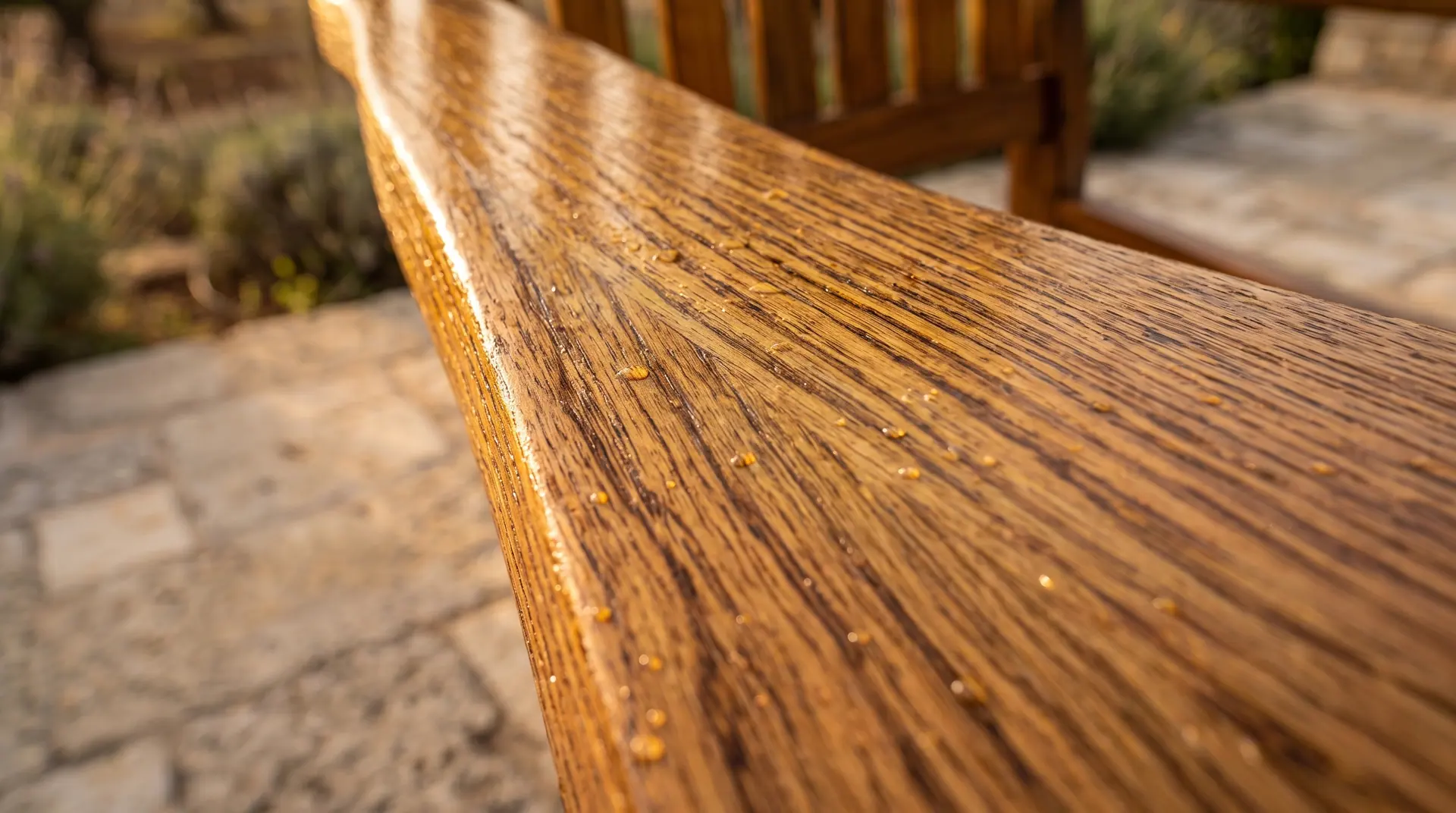 Close-up of the grain of treated teak, with water droplets beading on the surface