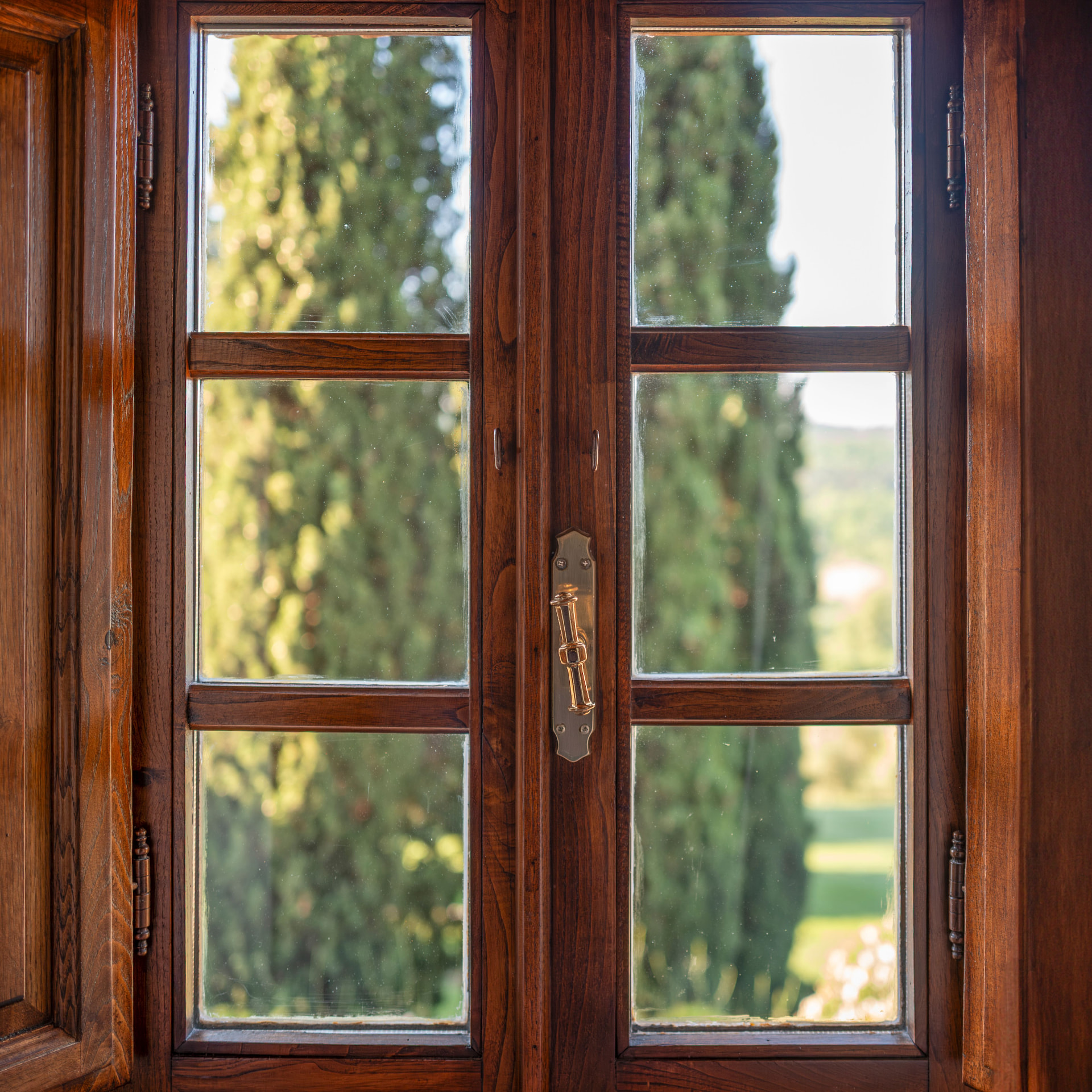 Finestra interna in legno scuro aperta a anta, con vista su cipressi e giardino